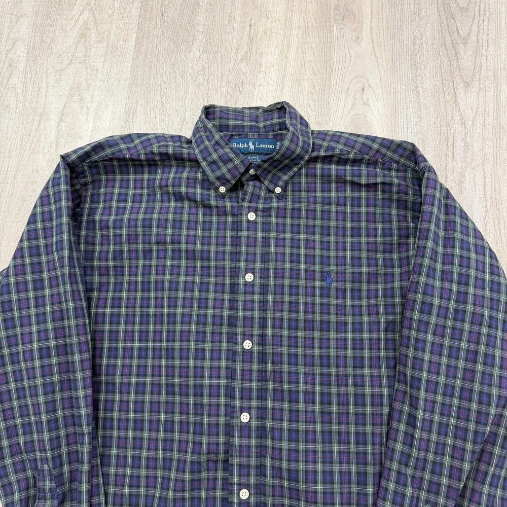 Vintage Polo Ralph Lauren Blake Shirt Men's Large Blue Green Tartan Plaid 90s